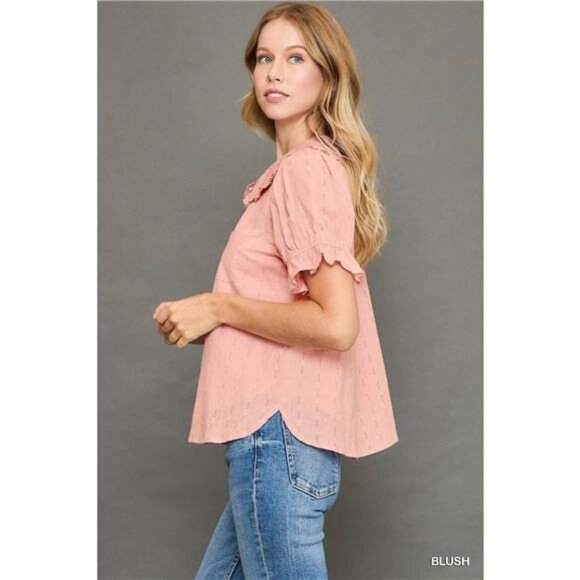 Peter Pan Collared Button Down Textured Shirt with Ruffled Detail - Picture 2 of 4